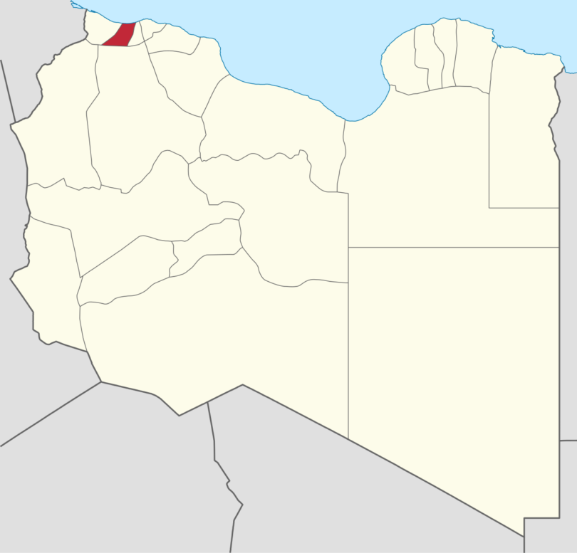 خريطة ليبيا يظهر فيها موقع شعبية الزاوية غرب طرابلس باللون الأحمر
